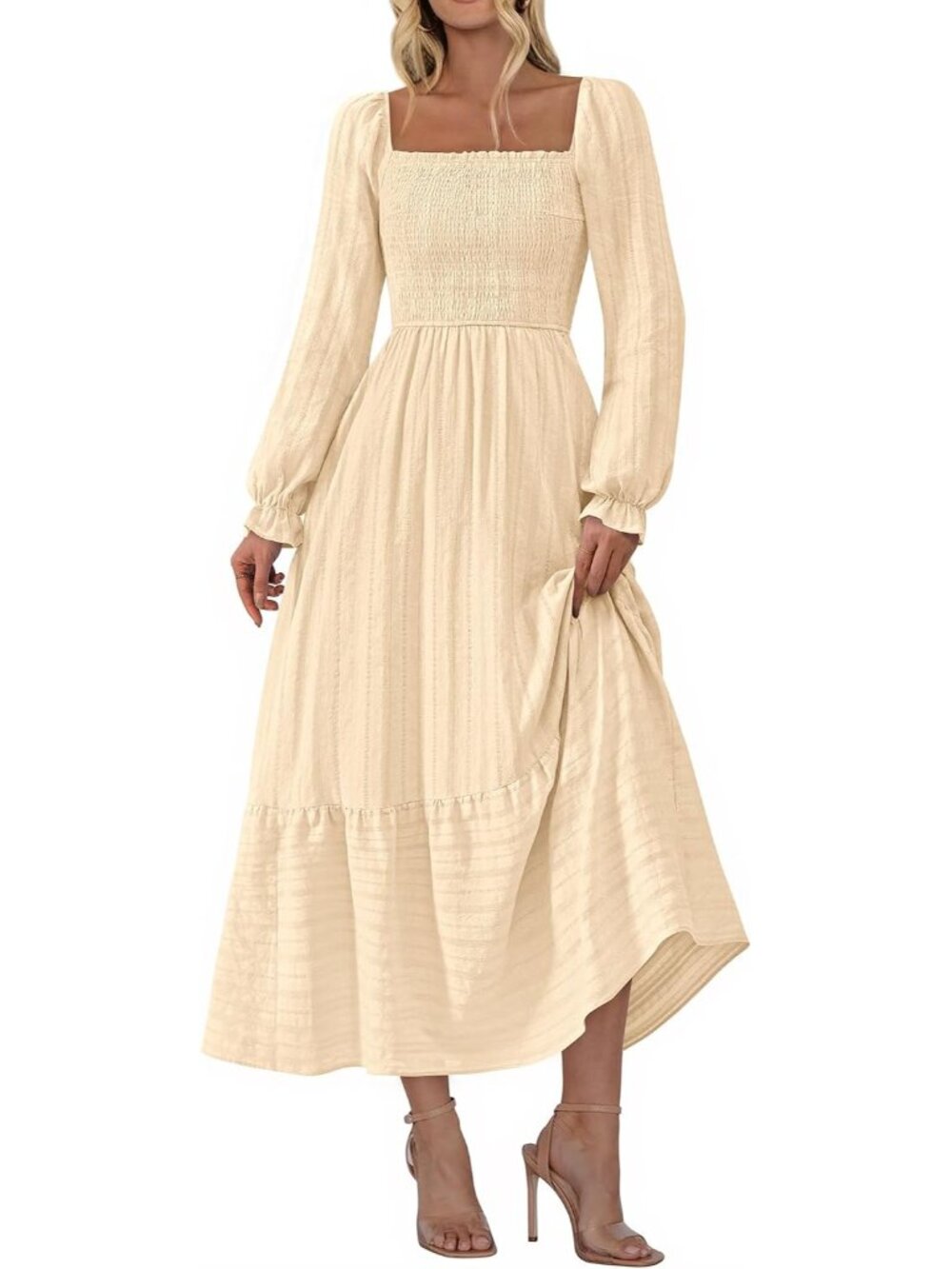 Women's Apricot Square Neck 2026 Long Sleeve Boho Wedding Guest Maxi Dresses